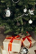 verpackte Geschenke liegen unter einem geschmückten Weihnachtsbaum
